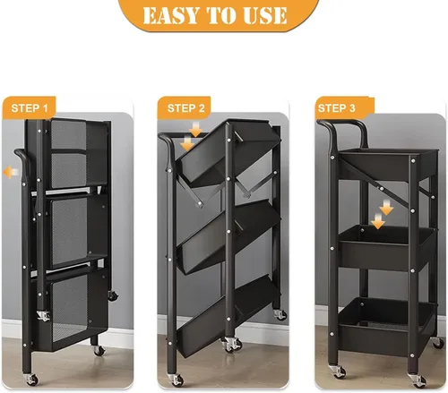 Miniatura 3 de Carrito plegable con ruedas de 3 niveles, carrito de almacenamiento utilitario de metal resistente sin montaje, carritos de cocina plegables sobre