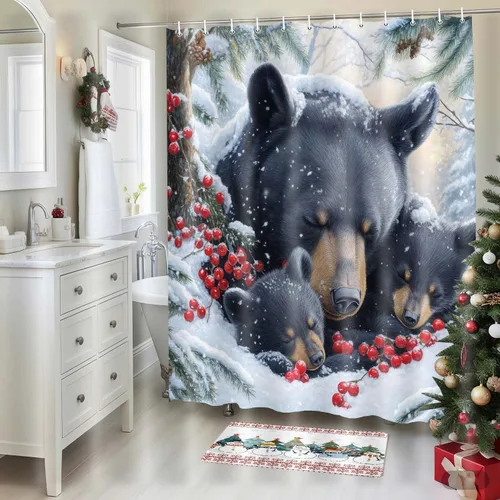 Wathon Cortina de Ducha de Oso Negro de Invierno Escena Nevada Cortina de Baño con Osos Abrazándose Rodeados de Nieve y Bayas Rojas, Decoración de