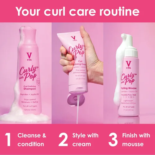 Miniatura 6 de V&Co. Curly Pop - Acondicionador definidor de rizos, sin sulfatos y sin parabenos, cuidado hidratante del cabello con péptidos, aminoácidos y aceite