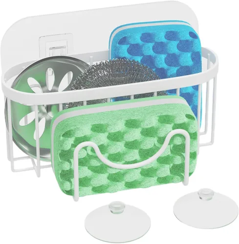 Miniatura 15 de HapiRm Organizador de esponja multifuncional con forma única en M, 2 métodos de instalación, organizador de fregadero de cocina, organizador