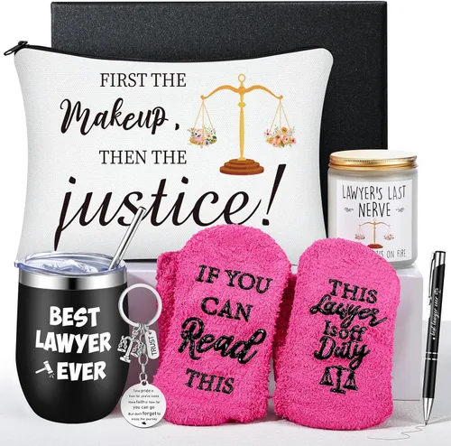 7 piezas de regalos de abogados para mujeres, regalo de escuela de derecho, incluye vaso de acero inoxidable de 12 onzas, llavero, vela, bolígrafo,