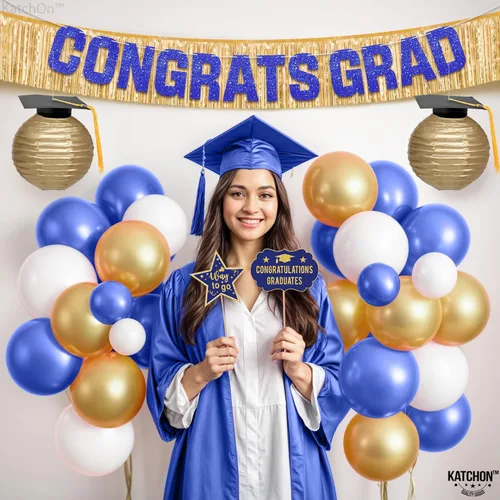 Miniatura 8 de Decoraciones de graduación 2026 Juego de arco de globos de graduación azules y dorados – Paquete enorme de 70 Cartel de felicitación