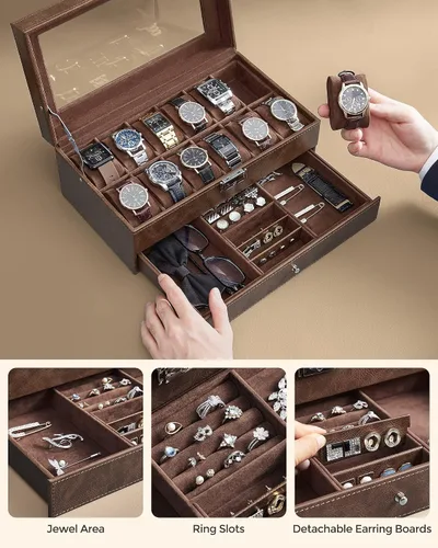 Miniatura 48 de SONGMICS UJWB012 - Caja de reloj de 12 ranuras, caja de reloj con cerradura con tapa de vidrio, 2 capas, con 1 cajón para anillos, pulseras, idea