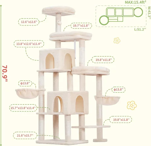 Miniatura 3 de Hey-brother - Árbol rascador para gatos con torre, postes rascadores con parte extendida, plataformas anchas, acogedores condominios, hamacas
