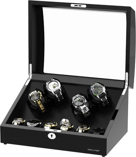 Miniatura 2 de TRIPLE TREE Enrollador de reloj para 4 relojes automáticos, con 6 almacenes adicionales de relojes, acabado de piano de carcasa de madera, motor