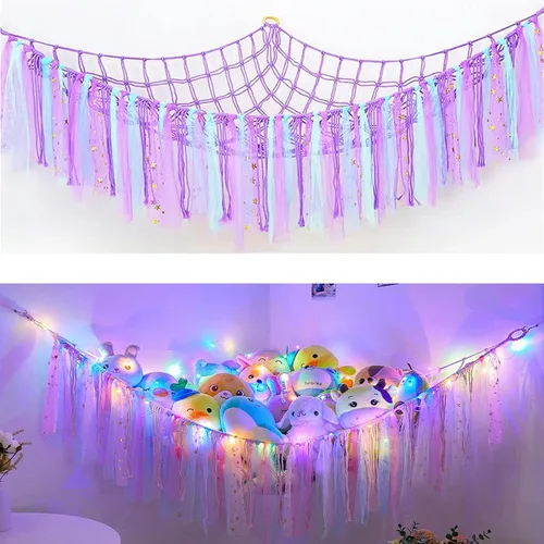 Hamaca de almacenamiento de red de animales de peluche con luces LED, borlas coloridas, hamaca colgante de juguetes de peluche, organizador para