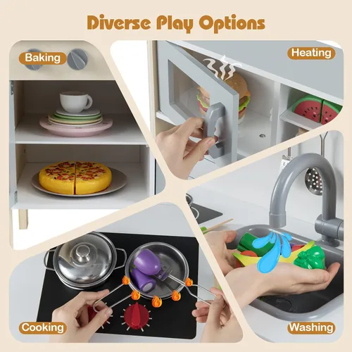 Miniatura 4 de HONEY JOY Juego de cocina para niños, cocina de madera para niños pequeños, microondas, campana extractora, máquina de hielo, 18 accesorios de Gris