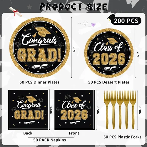 Miniatura 2 de QZYL 200 suministros para fiesta de graduación 2026, platos y servilletas de graduación negros y dorados, platos de postre desechables y tenedores