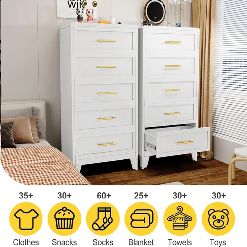 Miniatura 5 de Cómoda blanca de 5 cajones para dormitorio, cómodas y cajoneras de metal de 53.46 pulgadas de alto con diseño de esquinas curvas, cajonera Blanco