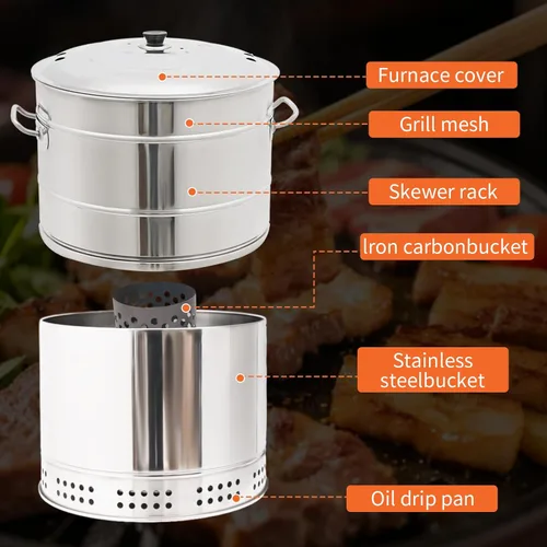 Miniatura 5 de Barril Para Asar Carne - Parrillas de carbón portátiles grandes con gancho en S a la parrilla con clip de pescado inoxidable 360° sin humo al aire