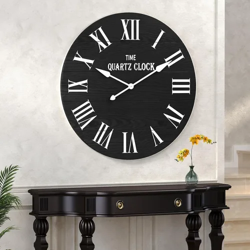 Miniatura 6 de ARTPOWER Reloj de pared grande de granja, reloj de pared Shiplap de 35.5 pulgadas con número romano, casi sin tictac, relojes de pared redondos