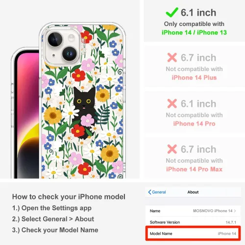 Miniatura 2 de MOSNOVO Funda para iPhone 13/14, grado militar, probada en caídas de 6.6 pies, transparente con gato negro en diseño de jardín Transparente - Gato
