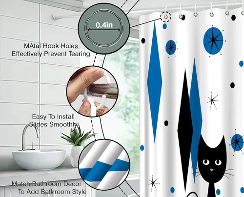 Miniatura 8 de GCTNBJL Mid Century Shower Curtain Black Cat Atomic Stars Modern Abstract Blue Black Geometric Iconic Retro 1950s 1960s Vintage 36x70(WxH) Inches