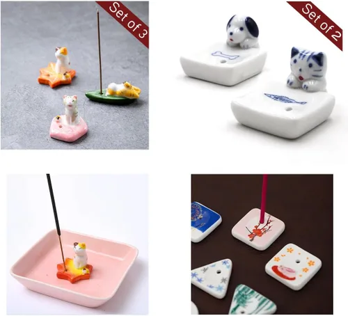 Miniatura 5 de Juego de 2, mini gatito japonés con perro, hecho a mano, de cerámica blanca, soporte para incienso o quemador de incienso, bandeja para decoración