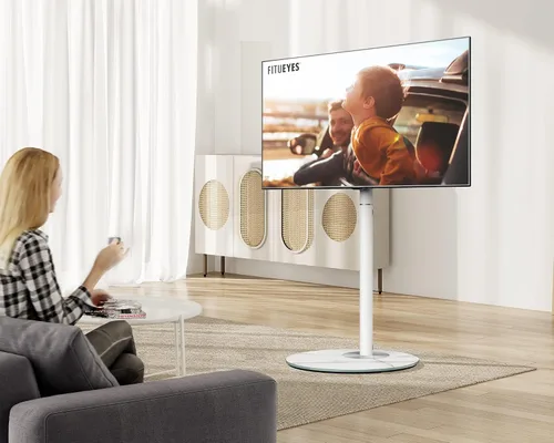 Miniatura 3 de FITUEYES Soporte de TV esquinero para 37 a 65 pulgadas, soporte de TV blanco moderno de mediados de siglo con base de vidrio texturizado de mármol