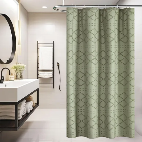 Miniatura 22 de Siiluminisoy Cortina de ducha bohemia rosa con textura y borlas de 72 x 72 pulgadas con tul, cortina de ducha de chenilla tejida con rayas chevrón