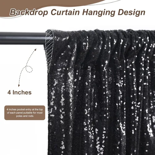 Miniatura 4 de Cortinas de Fondo Negras con Lentejuelas para Fiestas 2 Piezas 2 pies x 8 pies, Cortina de Fondo para Fiestas, Telón de Fondo para Fotografías sin