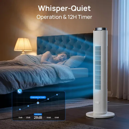 Miniatura 7 de ZAFRO Ventilador de torre para dormitorio, ventilador de piso silencioso de 28 dB con 4 modos, 6 velocidades, oscilación de 90°, control remoto