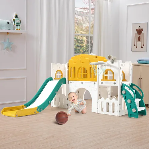 Miniatura 7 de Juego de tobogán infantil 8 en 1, juego de tobogán y escalador con pasillo, aro de baloncesto, telescopio, patio de juegos para interiores
