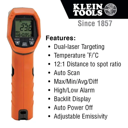 Miniatura 7 de Klein Tools IR5 Termómetro infrarrojo láser dual 12:1, pistola termómetro digital con pantalla retroiluminada, orientación láser dual y escaneo