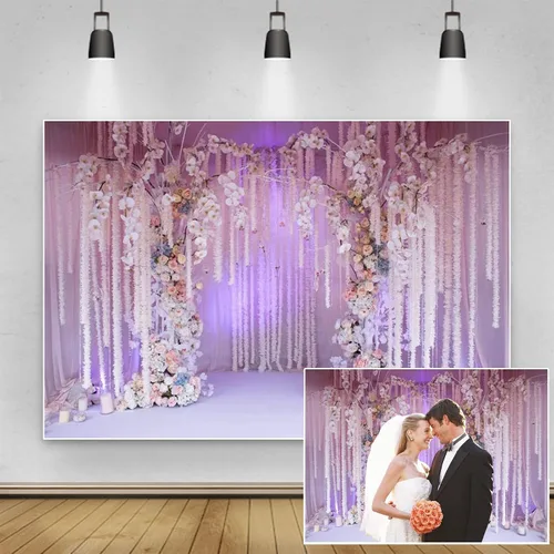 Miniatura 2 de Yeele Fondo fotográfico de ceremonia de boda de 6 x 4 pies, fondo de fotografía con flores blancas moradas, aniversario, despedida de soltera, boda