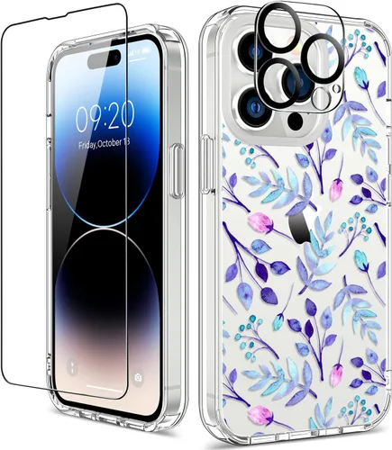 Miniatura 16 de Funda para iPhone 14 Pro con protector de pantalla, 6.1 pulgadas, transparente de cuerpo completo, a prueba de golpes, diseño floral, para niñas