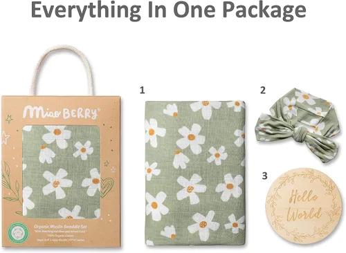 Miniatura 3 de Miaoberry Daisy Garden - Juego de arrullos de muselina floral de primavera para bebé niña Manta de algodón 100% orgánico con lazo a juego