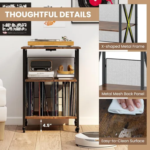 Miniatura 7 de Giantex Soporte para tocadiscos con estación de carga, soporte para tocadiscos con almacenamiento de discos y 4 ruedas rodantes, mesa