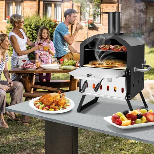 Miniatura 2 de Giantex Horno de Pizza al Aire Libre de Leña, Fabricante de Pizza de 2 Capas con Piedra para Pizza de 12 Pulgadas, Pala para Pizza, Rejilla