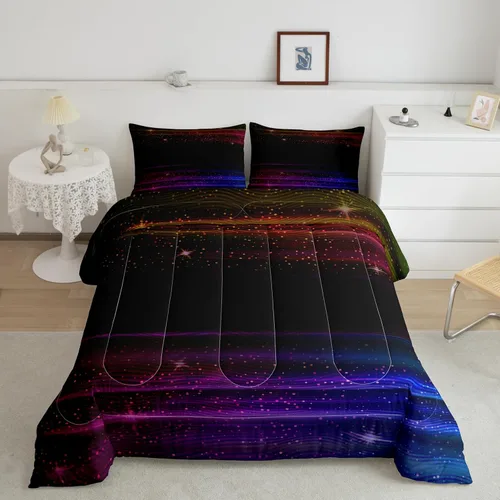 Juego de edredón negro degradado, juego de ropa de cama para niños con diseño de galaxia, galaxia, degradado, morado, azul, amarillo, a rayas, juego