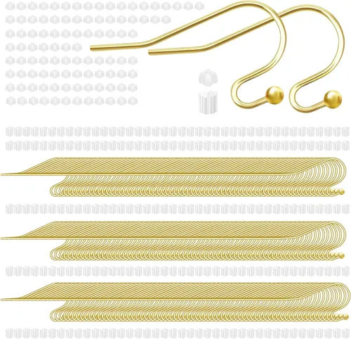 Miniatura 8 de 160 unidades/80 pares de ganchos para aretes chapados en oro de 14 quilates, hipoalergénicos, ganchos de pez con 100 piezas de silicona transparente