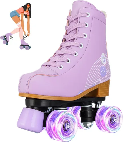 Miniatura 10 de jessie Patines de ruedas para niñas y mujeres, patines de piel sintética iluminados para niños, lindos patines ajustables de cuatro ruedas