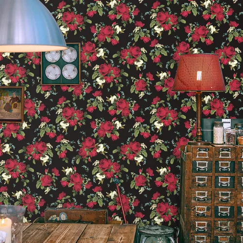 Miniatura 6 de VaryPaper Papel tapiz vintage con diseño floral oscuro de rosas rojas, 17.7 x 78.7 pulgadas, papel de contacto floral rojo para paredes, armarios
