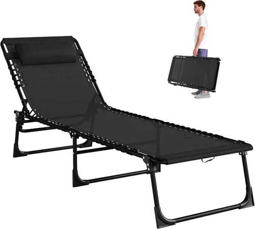 Outsunny Tumbona plegable, silla de bronceado para patio, tumbona para exteriores con respaldo reclinable de 4 posiciones, asiento de malla Negro