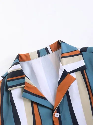Miniatura 3 de OYOANGLE Conjunto de 2 piezas para hombre, camisa con botones y pantalones cortos con cordón en la cintura