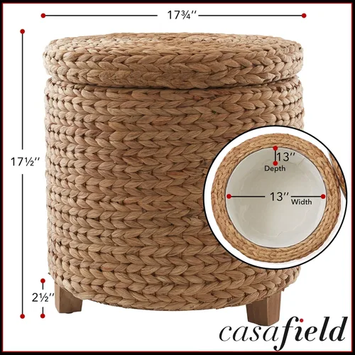 Miniatura 3 de Casafield Otomano de almacenamiento redondo de 17" con tapa - Jazmín, taburete tejido a mano de jacinto de agua para sala de estar, dormitorio