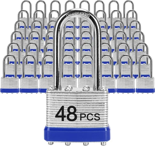 Miniatura 9 de Candados con la misma llave, LQYN 24 candados laminados con llave (1-9/16 pulgadas, 1.575 in), cerraduras con llave igual, grillete largo