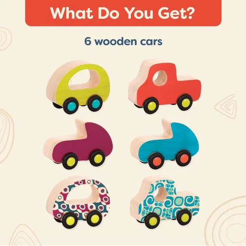 Miniatura 5 de B. toys Juego de autos de juguete de madera con 6 vehículos coloridos para niños y niños pequeños - Camiones duraderos - Fácil - Juguetes para niños