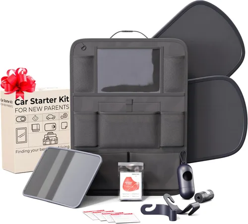 Kit de iniciación para los nuevos padres con 1 organizador de asiento trasero, 2 parasoles de ventana, 2 ganchos para reposacabezas, 1 espejo de