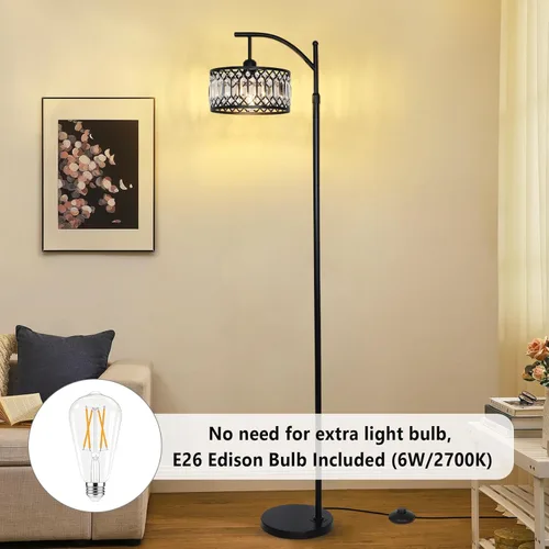 Miniatura 4 de Crystal Floor Lamps for Living Room, Modern Arc Floor Lamp, Black Standing Lamp with Edison Bulb, Height Adjustable Tall Lamp for Bedroom, Corner
