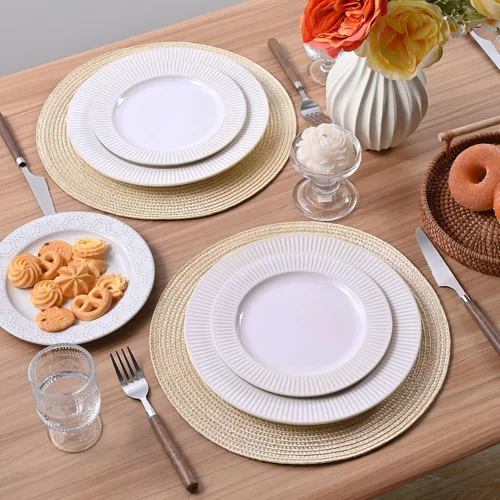 Miniatura 6 de Feuille Juego de 4 manteles individuales redondos trenzados para mesa de comedor, tejidos, lavables, antideslizantes, 13.5 pulgadas