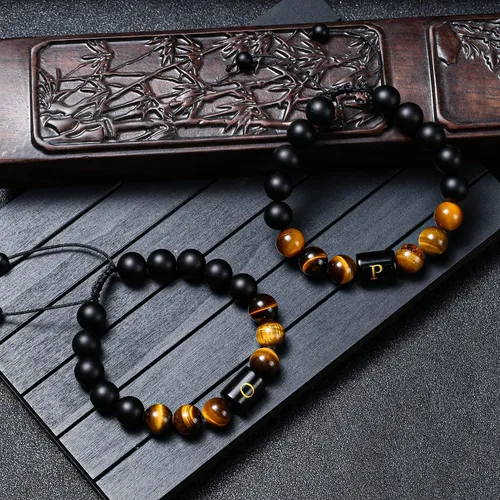 Miniatura 2 de Initial Bracelets for Men Charms Letter Mens Bracelet 10mm Natural Black Matte Agate Tiger Eye Stone Beads Braided Rope Customize Bracelet