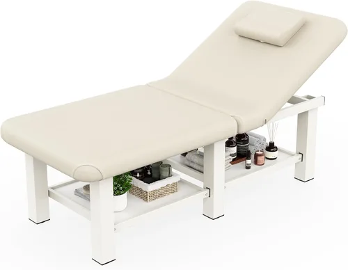 Miniatura 3 de Mesa de masaje estacionaria plegable con respaldo y espacio de almacenamiento, 6 patas cuadradas con marco de metal de piel sintética, 30.5 pulgadas
