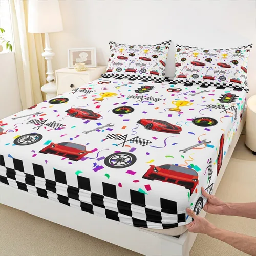 Miniatura 4 de Juego de sábanas de 3 piezas con diseño geométrico a cuadros de coche de carreras rojo para niños, niñas y adultos, juego de sábanas coloridas de 3