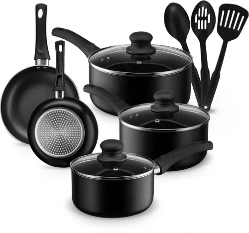Juego de ollas y sartenes, juego de utensilios de cocina antiadherentes de aluminio, sartenes, cazuela con tapa, sartén y utensilios, juego de Negro