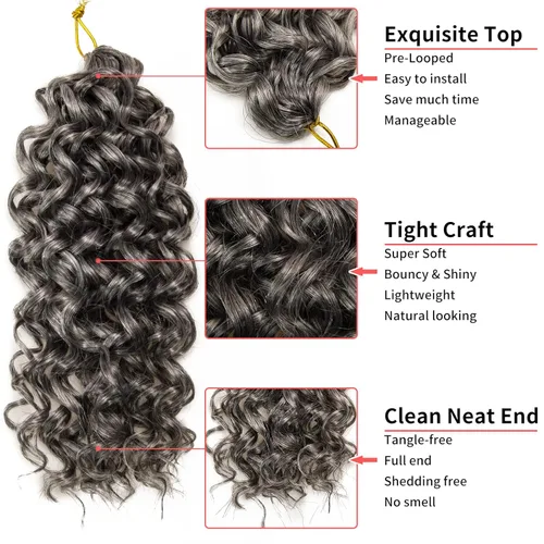 Miniatura 3 de QRHSUKA - Mechones rizados con ganchillo GoGo, cabello ondulado con ganchillo de agua para mujeres, sintético gris, trenzado bohemio, trenza de onda