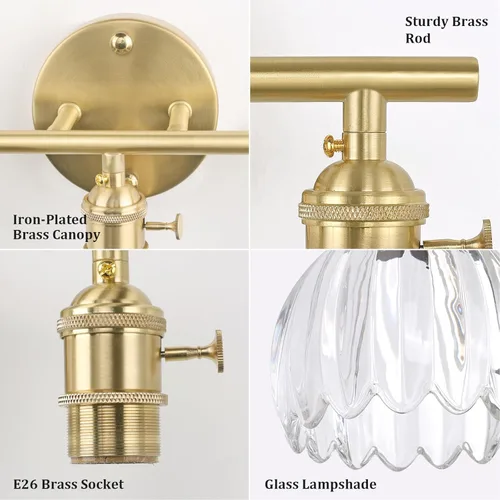 Miniatura 7 de Shenmoyl Accesorios de Iluminación para Baño, Lámpara de Pared de Latón de 3 Luces para Tocador Sobre Espejo con Pantalla de Cristal Tulipán Base