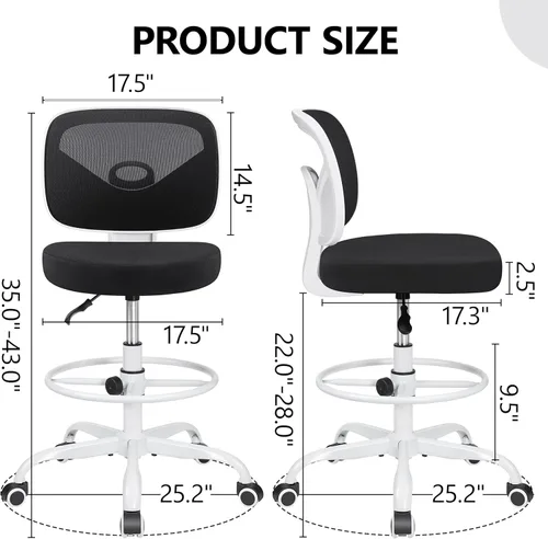 Miniatura 3 de Primy Silla ergonómica de escritorio de pie con respaldo medio sin brazos, silla alta con ruedas de malla, altura ajustable y reposapiés, sala