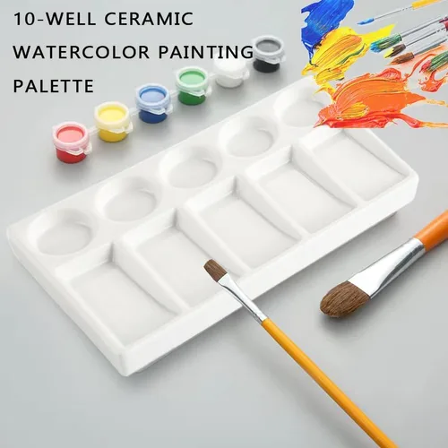 Miniatura 7 de Bandeja de paleta de acuarela de 10 pozos rectángulo blanco de cerámica para artista, paleta de pintura de acuarela de porcelana para acuarela
