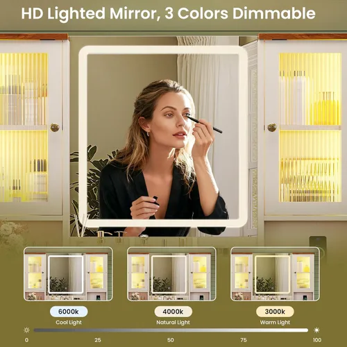 Miniatura 3 de MSmask Escritorio de tocador de maquillaje con espejo y luces, mesa de tocador grande con 2 gabinetes RGB, tocador con superficie de vidrio con 5